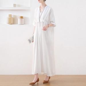 Modest Neutral Color High Waist Maxi Cotton Linen Dress