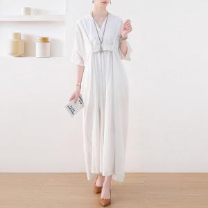 Modest Neutral Color High Waist Maxi Cotton Linen Dress