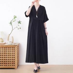 Modest Neutral Color High Waist Maxi Cotton Linen Dress