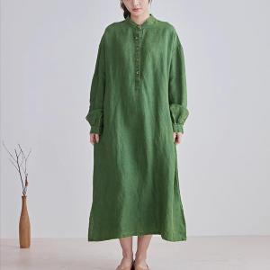 Long Sleeves Organic Linen Green Caftan Dress