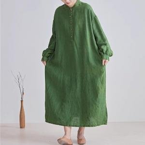 Long Sleeves Organic Linen Green Caftan Dress
