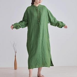 Long Sleeves Organic Linen Green Caftan Dress