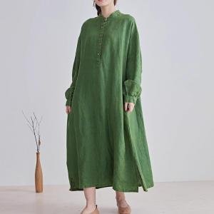 Long Sleeves Organic Linen Green Caftan Dress