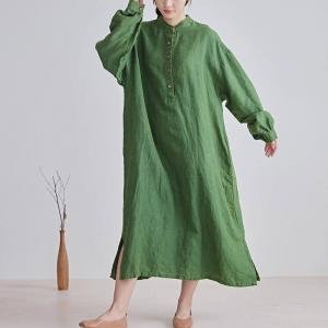 Long Sleeves Organic Linen Green Caftan Dress