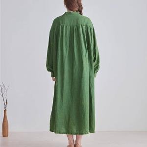 Long Sleeves Organic Linen Green Caftan Dress