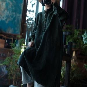 Long Sleeves Organic Linen Green Caftan Dress