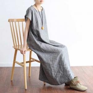 Short Sleeves Loose Gray Linen Shift Dress