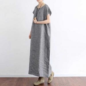 Short Sleeves Loose Gray Linen Shift Dress