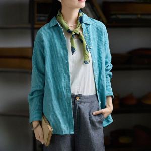 Long Sleeves Linen Blue Striped Blouse