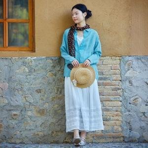 Long Sleeves Linen Blue Striped Blouse