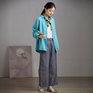 Long Sleeves Linen Blue Striped Blouse