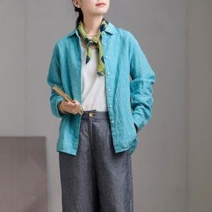 Long Sleeves Linen Blue Striped Blouse