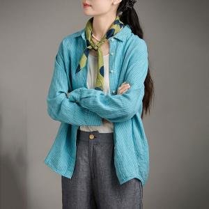 Long Sleeves Linen Blue Striped Blouse
