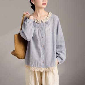 Crochet Lace Collar Cotton Linen Blue Striped Blouse