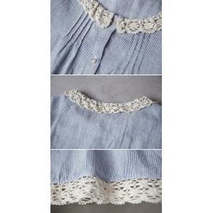 Crochet Lace Collar Cotton Linen Blue Striped Blouse