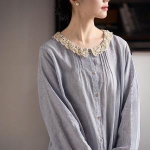 Crochet Lace Collar Cotton Linen Blue Striped Blouse
