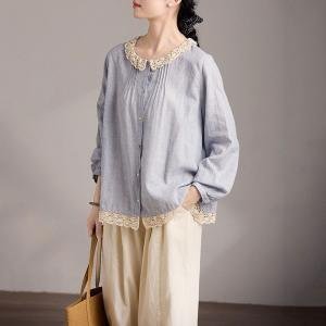 Crochet Lace Collar Cotton Linen Blue Striped Blouse