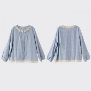 Crochet Lace Collar Cotton Linen Blue Striped Blouse
