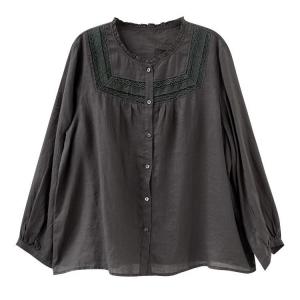 Lace Patchwork Long Sleeves Ramie Loose Blouse