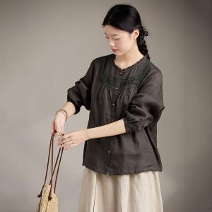 Lace Patchwork Long Sleeves Ramie Loose Blouse