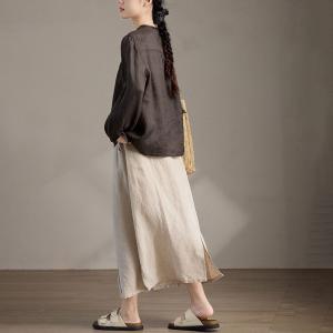 Lace Patchwork Long Sleeves Ramie Loose Blouse