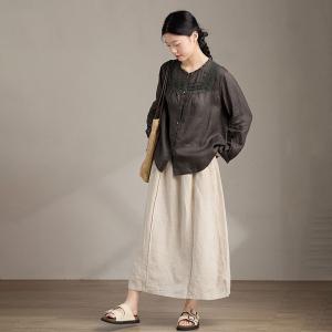 Lace Patchwork Long Sleeves Ramie Loose Blouse