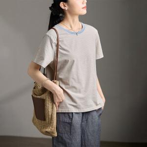 Blue Pinstriped Embroidered Patchwork Cotton T-shirt