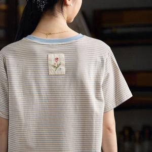 Blue Pinstriped Embroidered Patchwork Cotton T-shirt
