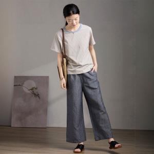 Blue Pinstriped Embroidered Patchwork Cotton T-shirt