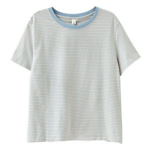 Blue Pinstriped Embroidered Patchwork Cotton T-shirt