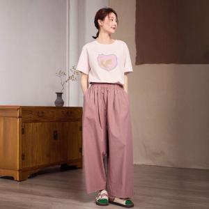 High Waist Pink Cotton Wide Leg Pants