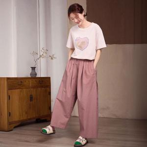 High Waist Pink Cotton Wide Leg Pants