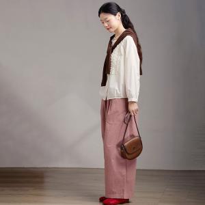 High Waist Pink Cotton Wide Leg Pants