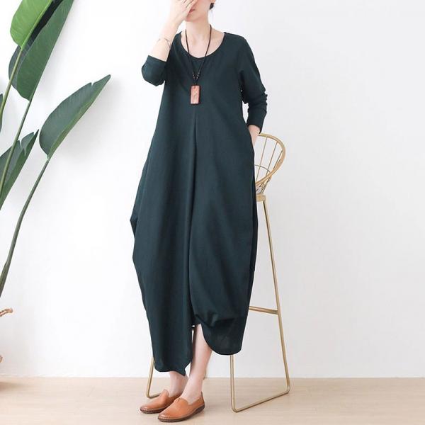 Elegant Cotton Blend 3/4 Sleeve Round Neck Solid Color Dark Green comfy oversized african business casual