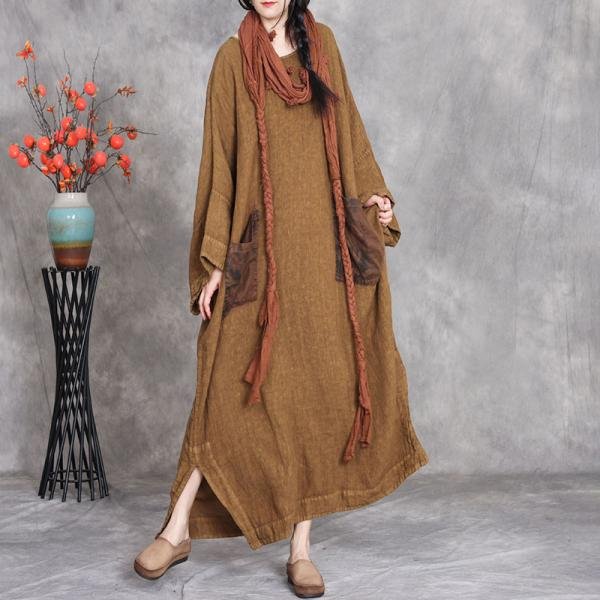 Front Pockets Hem Slit Linen Large Modest Dress
