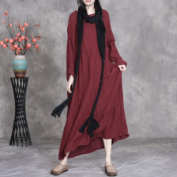 Casual 100% Linen Long Sleeve Round Neck Solid Color Wine Red Dusty Pink caftan church modest oversized slouchy resort rustic cottagecore conservative muslim