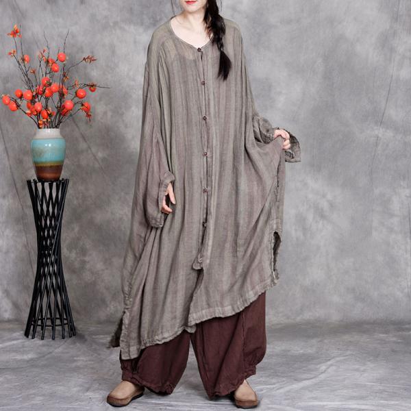 Casual 100% Linen Long Sleeve Round Neck Striped Gray comfy cottagecore conservative rustic plus size muslim church caftan
