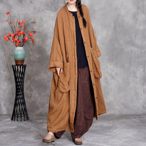 Casual 100% Linen Long Sleeve Round Neck Solid Color Mustard Gray Dark Coffee caftan church muslim plus size slouchy lazy day comfy modest cottagecore rustic