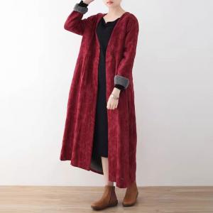 Jacquard V-Neck Red Fleeced Coat Dress