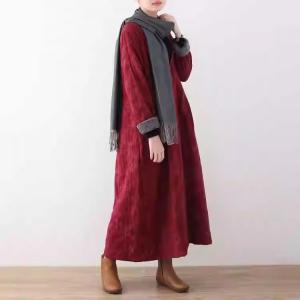 Jacquard V-Neck Red Fleeced Coat Dress