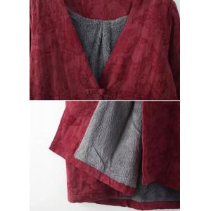 Jacquard V-Neck Red Fleeced Coat Dress