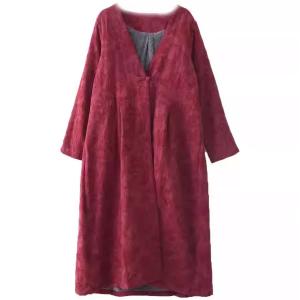 Jacquard V-Neck Red Fleeced Coat Dress
