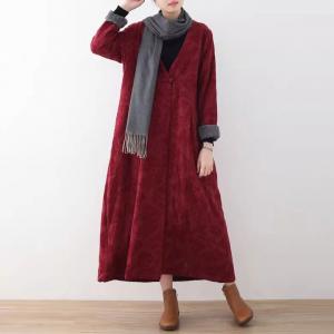 Jacquard V-Neck Red Fleeced Coat Dress