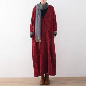 Jacquard V-Neck Red Fleeced Coat Dress