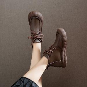 Leather Wide Toe Tied Ugly Ankle Boots