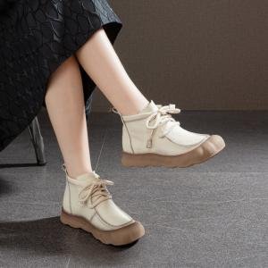Leather Wide Toe Tied Ugly Ankle Boots
