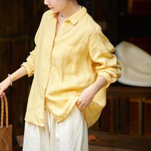 Loose-Fit Pinstriped Linen Yellow Shirt