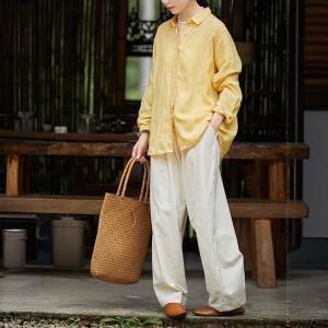 Loose-Fit Pinstriped Linen Yellow Shirt