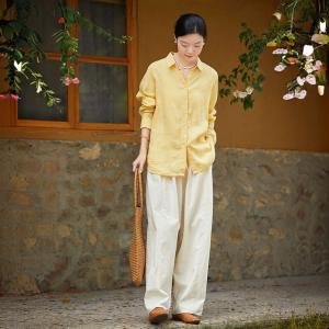 Loose-Fit Pinstriped Linen Yellow Shirt