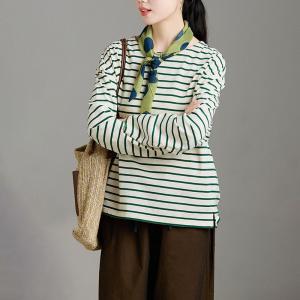 Autumn Long Sleeves Green Striped Sweatshirt